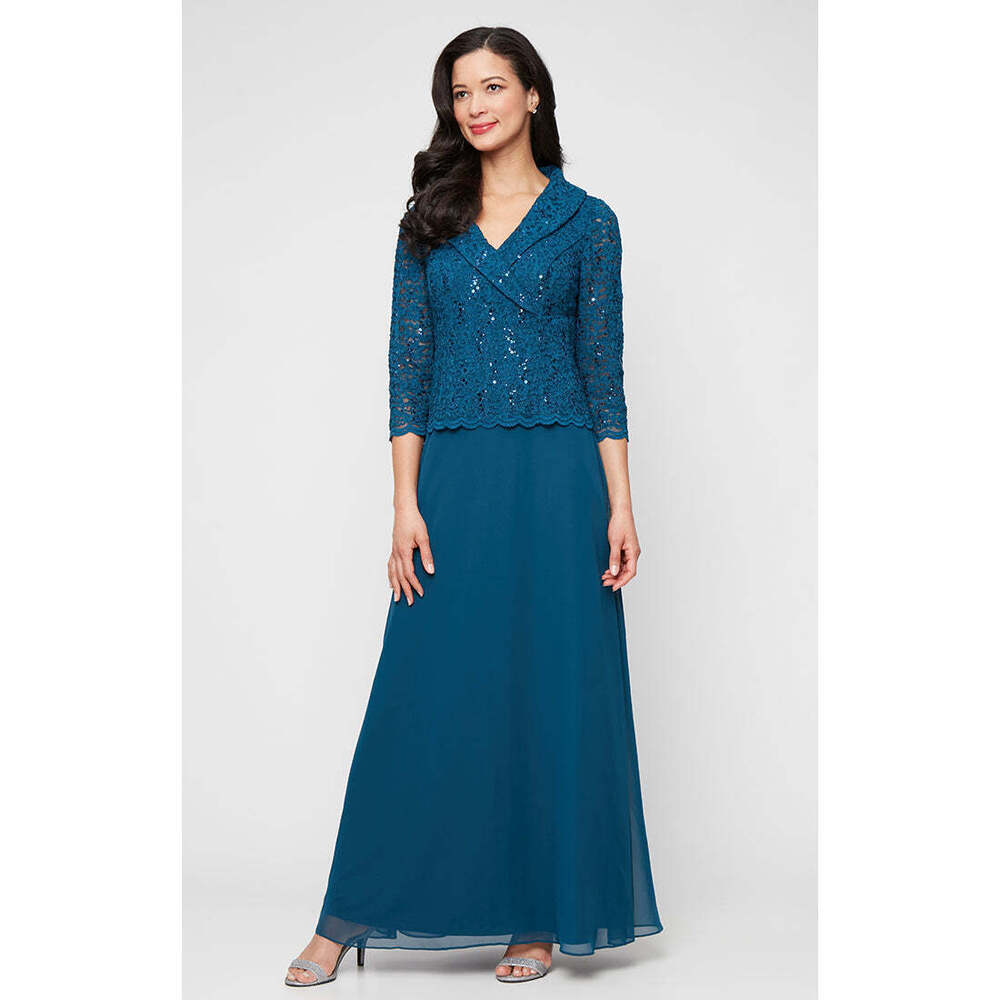 alexevenings.com Regular - Long Stretch Lace Mock Dress with Portrait Collar Nec